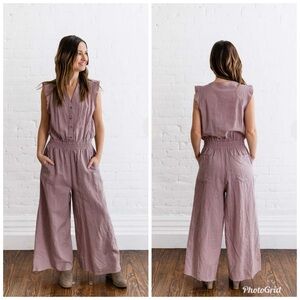 Grade Gather Jumpsuit Womens Small Lilac Linen Rayon Raw Edges Wide Leg Relaxed